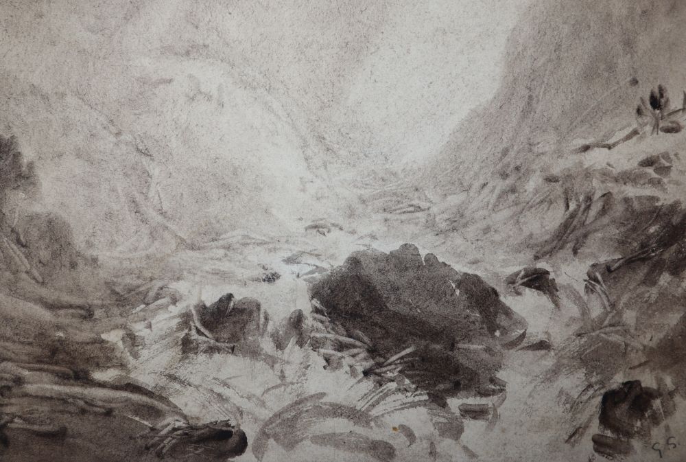 Two George Sheffield (1839-1892), Sepia washes w. pen & Ink. Stormy Seas. Initialled l.r., 25 x 36cm and Troubled Vessels,